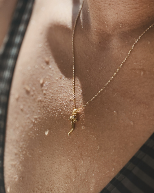 Gold necklace with a small om - Ganesh Pendant on a person's neck