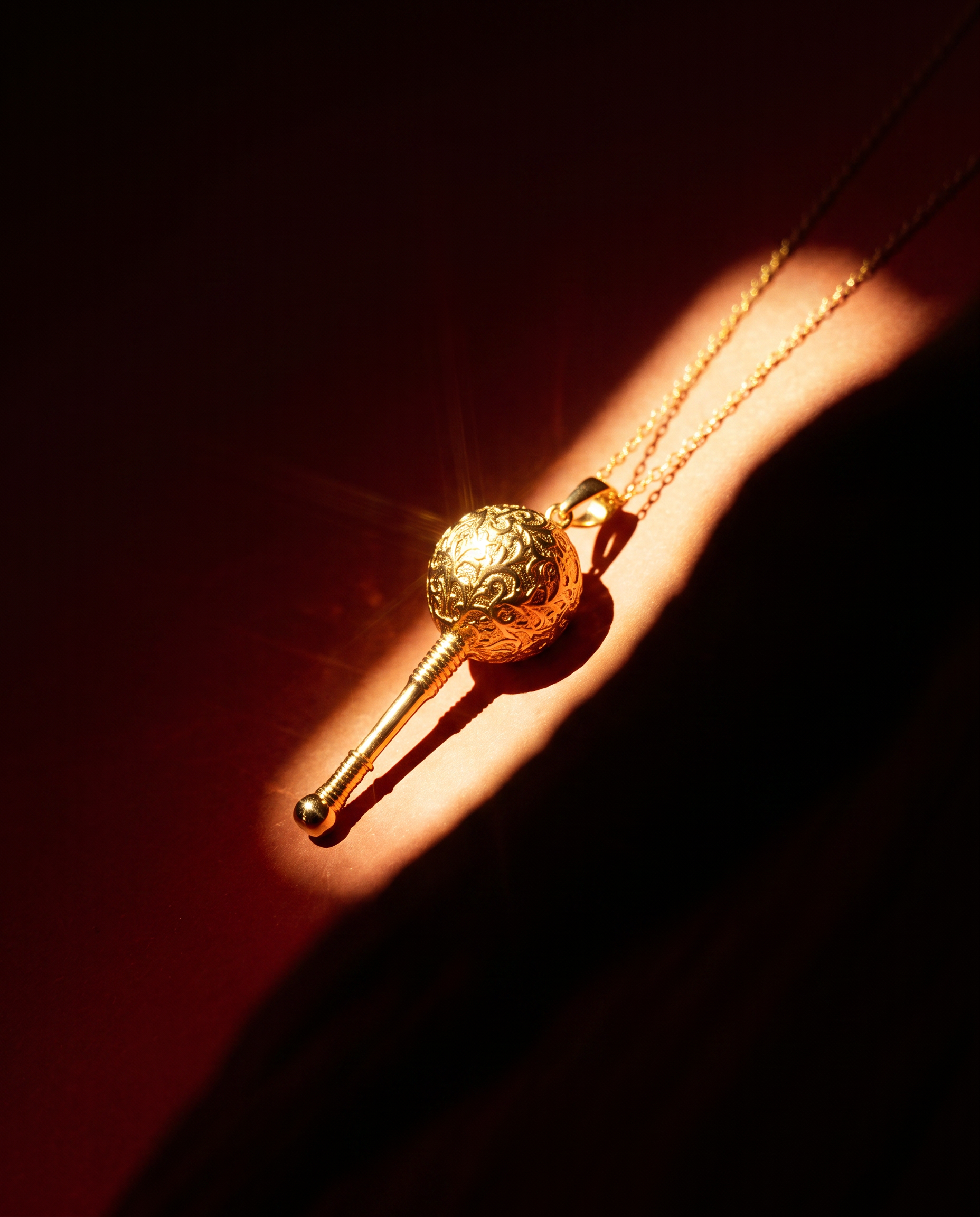 Gold vermeil Hanuman gada pendant on a 20 inch chain, three-dimensional hand-finished relief